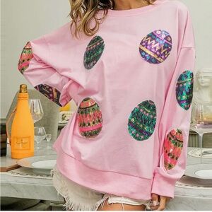 BiBi Pink Sequin Easter Egg design long sleeve lightweight blouse size XL NWT